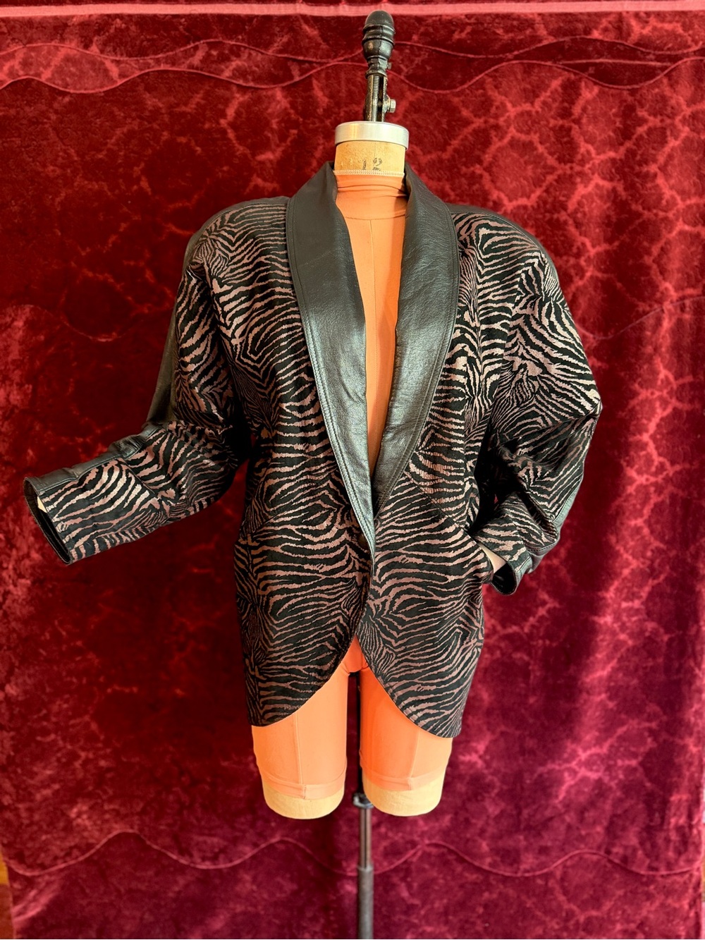 Mobwife Leather Animal Print Blazer with Black Shawl Collar, Dolman sleeves, 80s